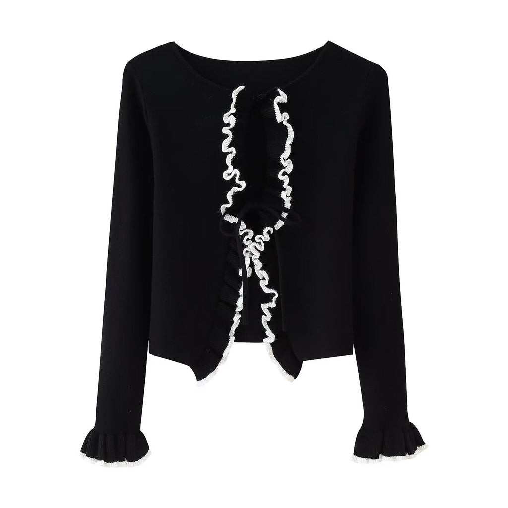 Damen Strickjacke mit Rüschen und Bändern GR