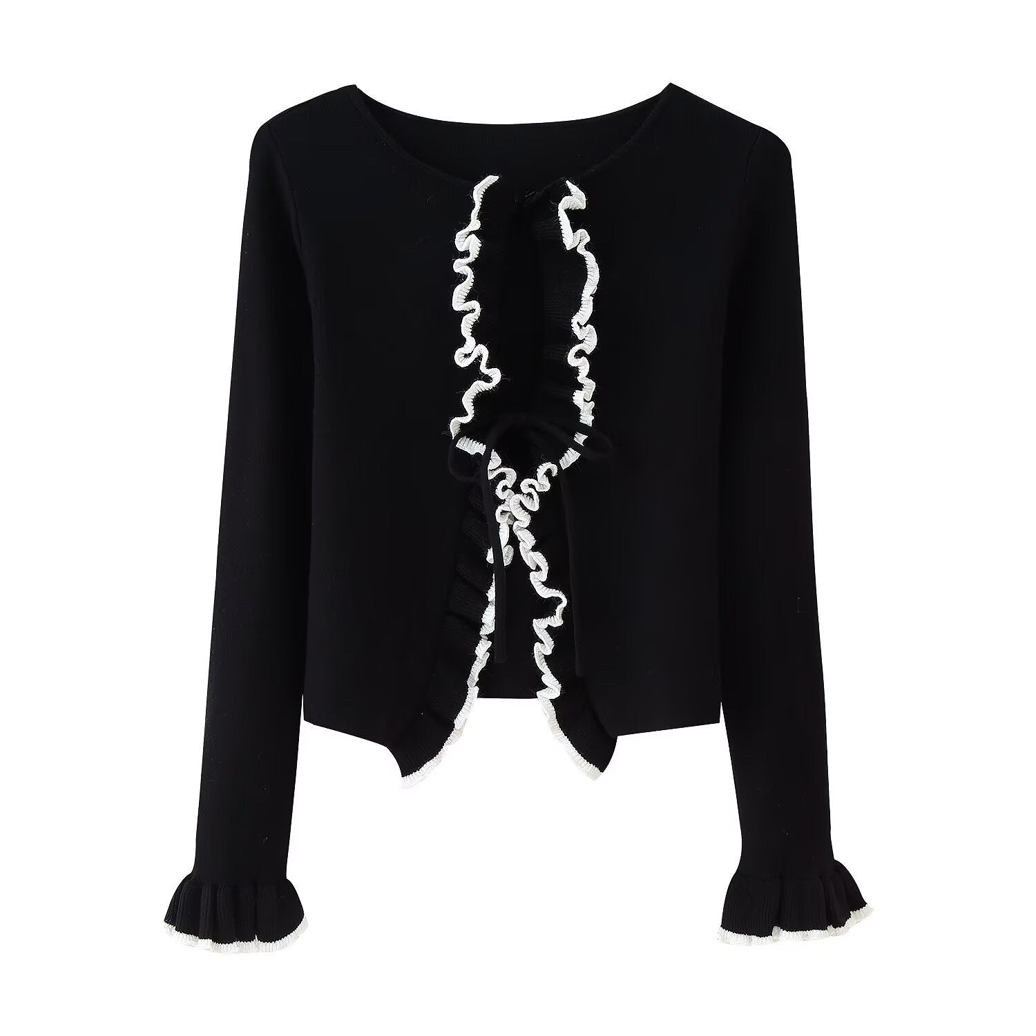 Damen Strickjacke mit Rüschen und Bändern GR