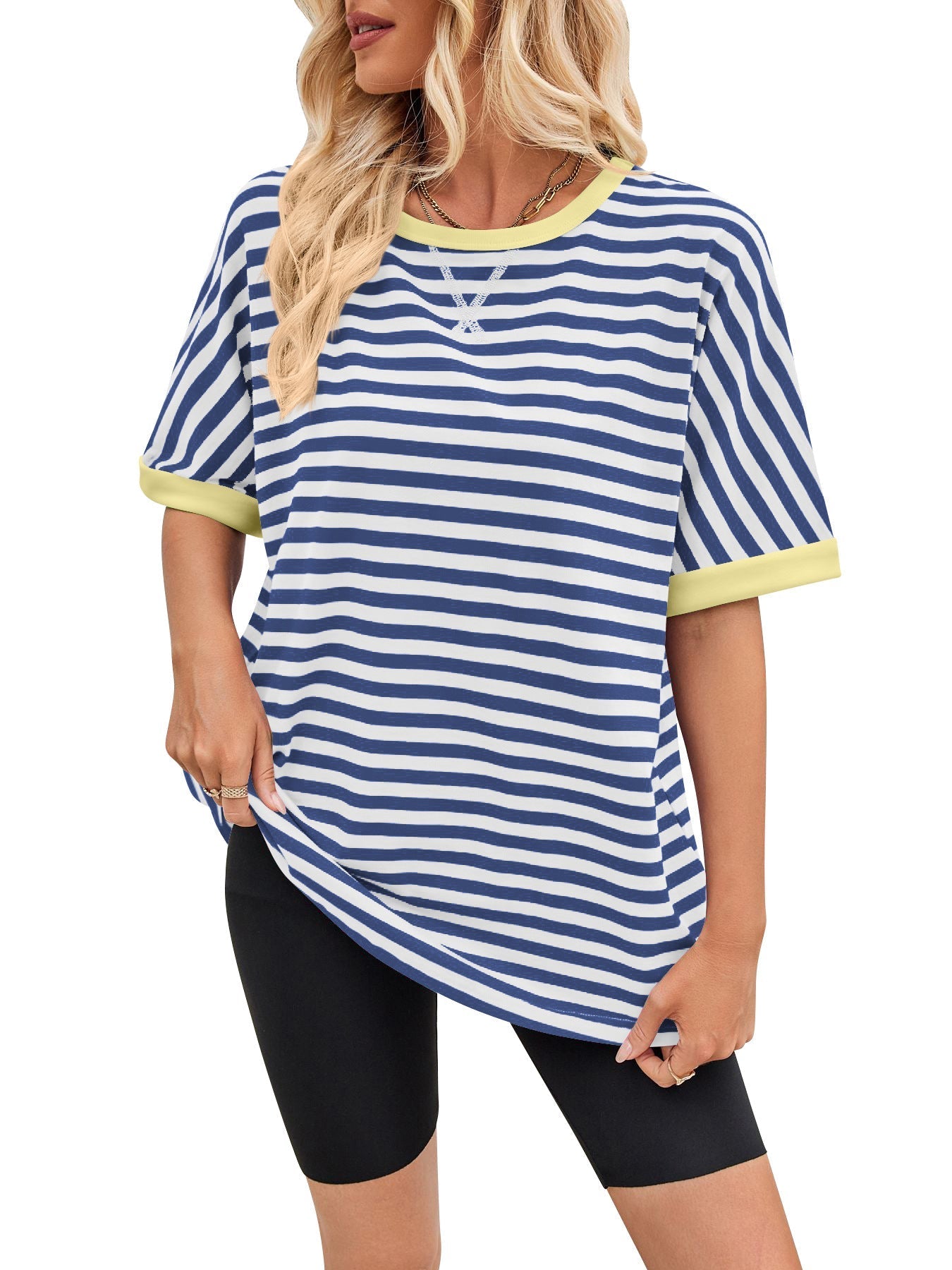 Women's casual striped top with a relaxed fit and contrasting neckband, size [size]