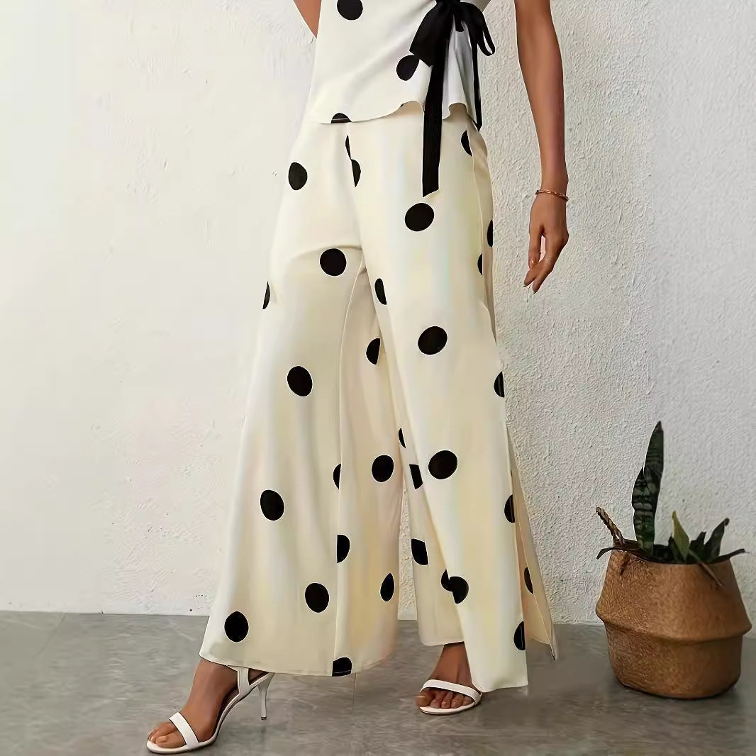 Women's wide-legged, airy polka-dot palazzo pants with elegant side slits, size [size missing]