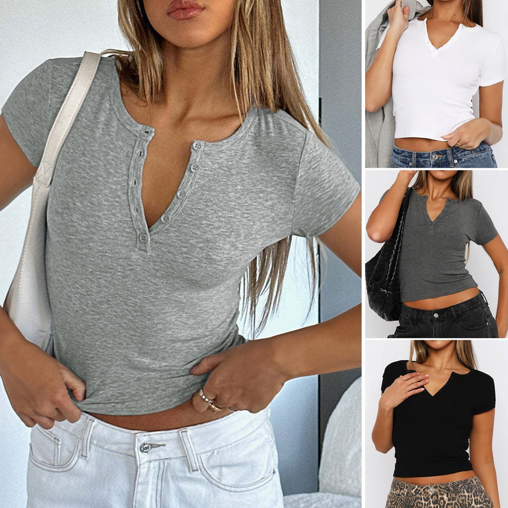 Women's figure-hugging cropped T-shirt with short sleeves and button placket, size [size missing]