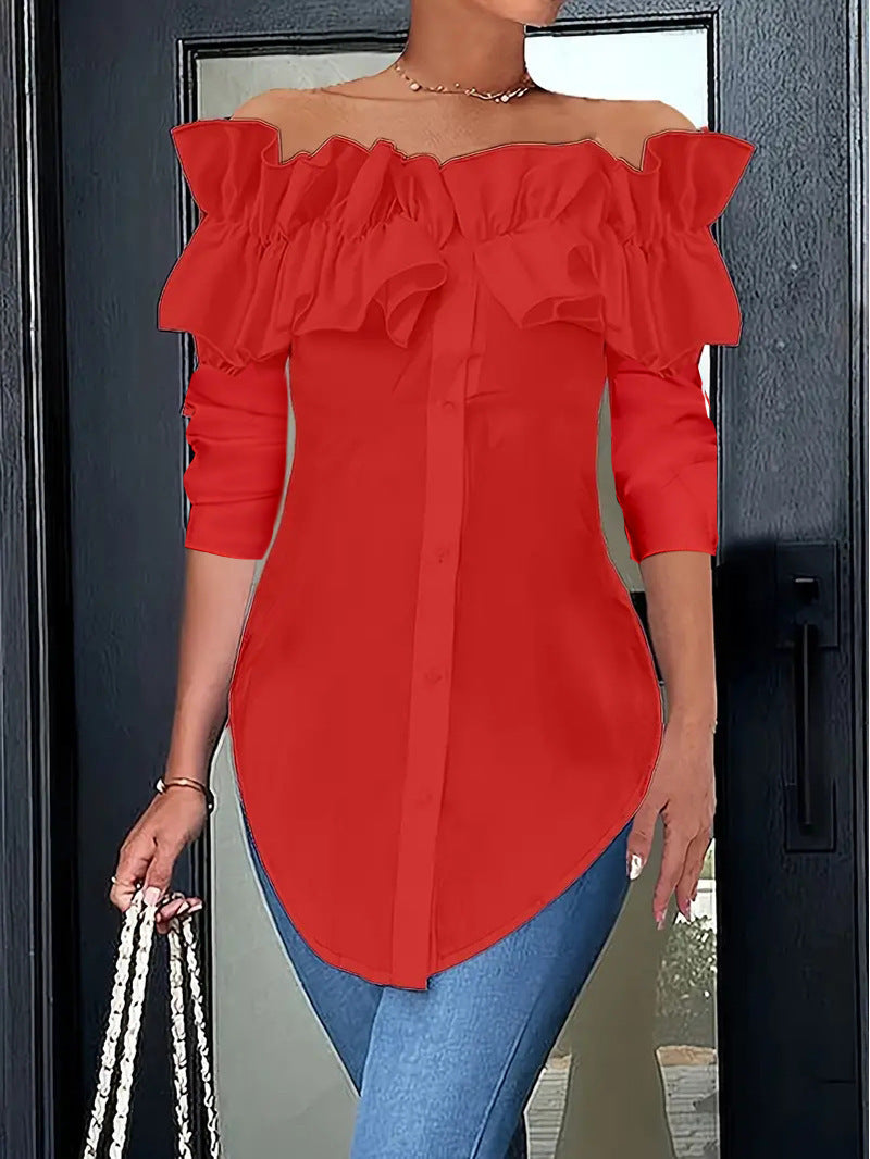 Damen Bluse mit schulterfreiem Design und voluminösen Rüschendetails GR