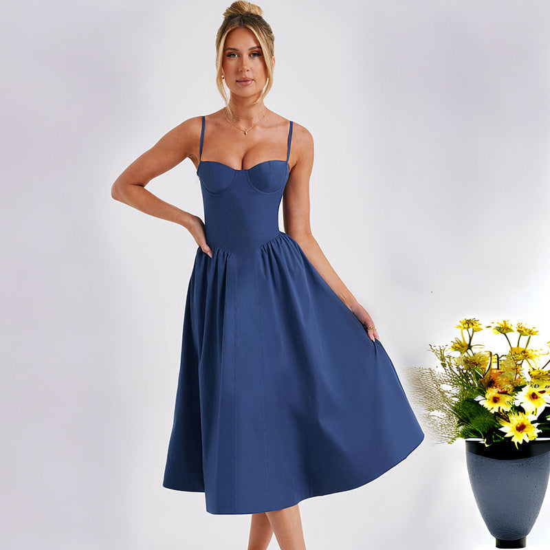 Women's midi dress with elegant bustier top and flowing skirt, size GR