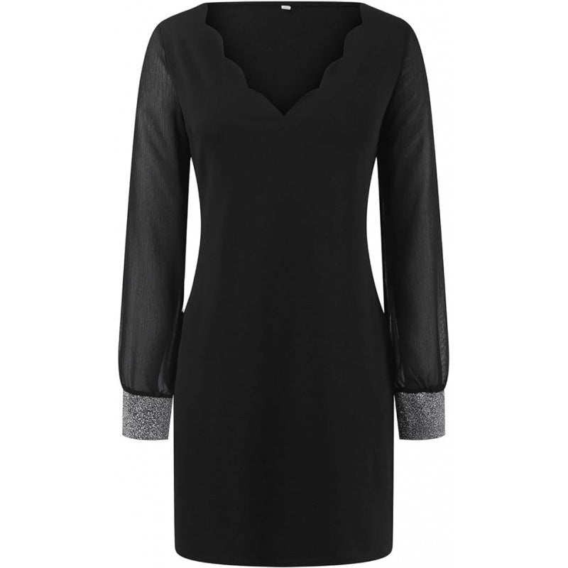 Damen Abendkleid mit transparenten Ärmeln und elegantem V-Ausschnitt GR