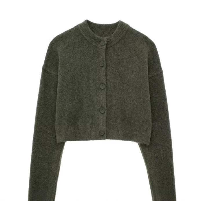 Women's short cardigan with button placket and elegant round neckline, size