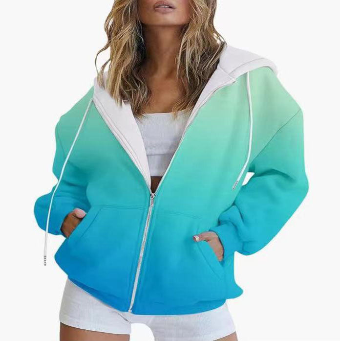Women's oversized hooded jacket with color gradient and practical pockets, size
