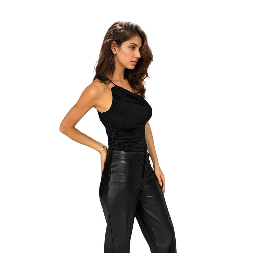Women's sleeveless top with an elegant wrap design and fashionable ruffle details, size [size]