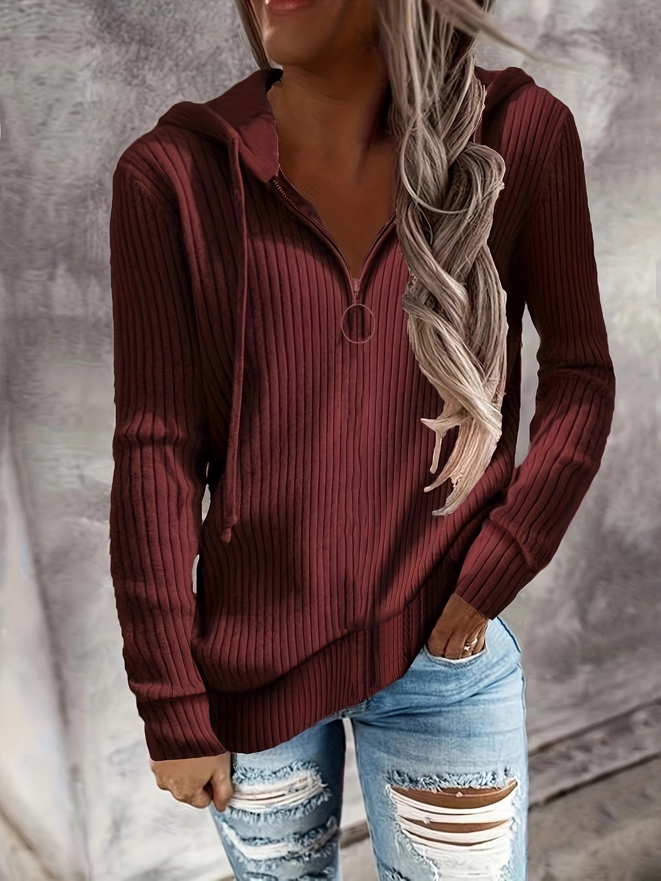 Damen Hoodie mit Reißverschluss und lässigem Rippenstrickdesign GR