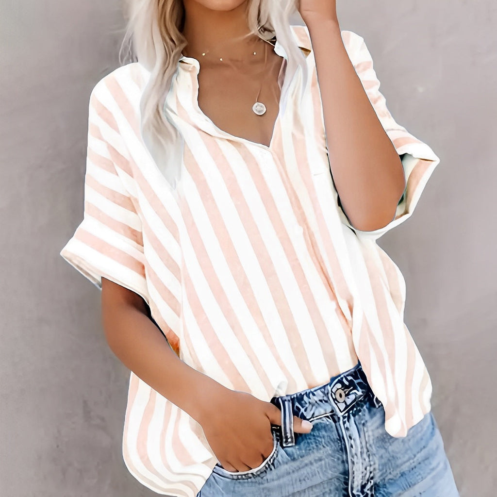 Women's Oversized Striped Shirt with Classic Collar and Short Sleeves, Size