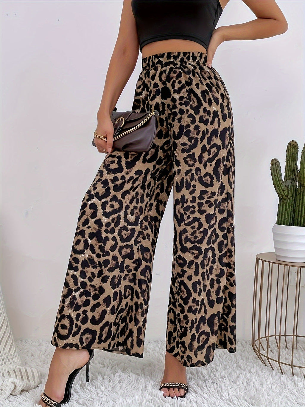 Damen Weite Leopard-Hosen aus fließendem Material mit elastischem Bund GR