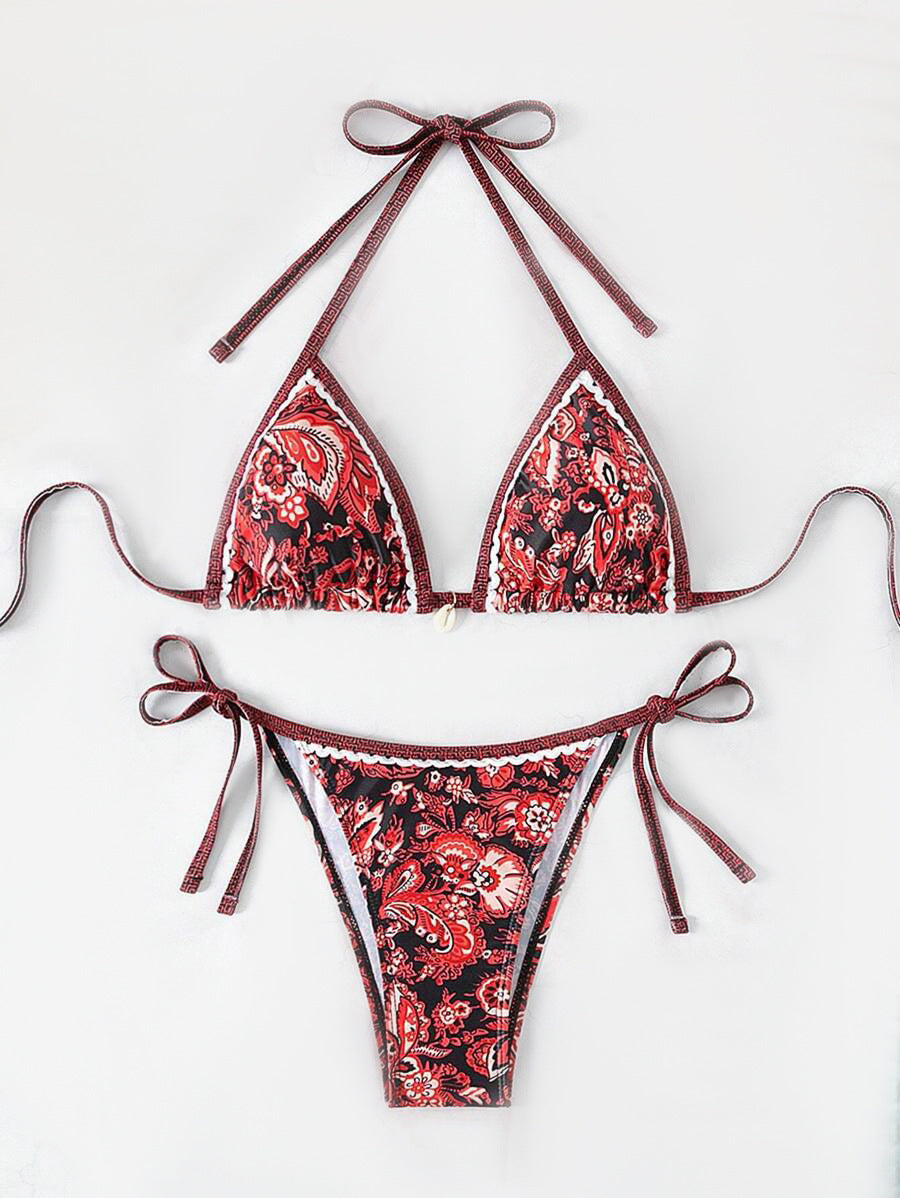Women's triangle bikini set with playful floral pattern and adjustable ties, size [size]