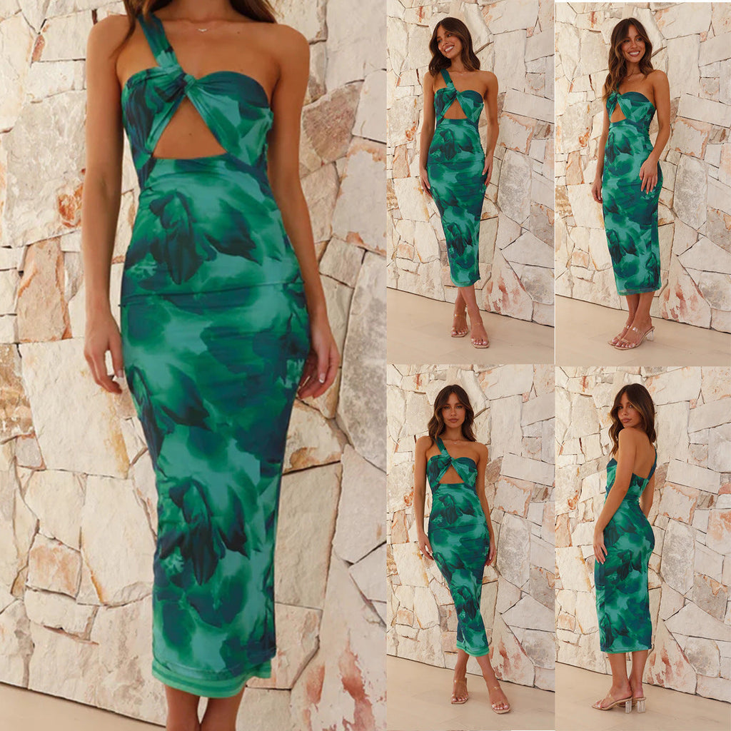 Women's figure-hugging midi dress with side cut-out and trendy knot design, size