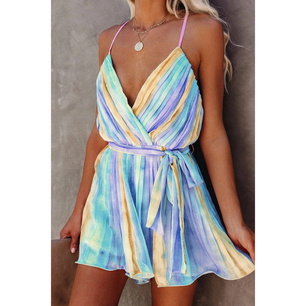 GR | Spring Summer Strappy Pleated Chiffon Dress Home Lace-up Sexy V-Neck Chiffon Dress