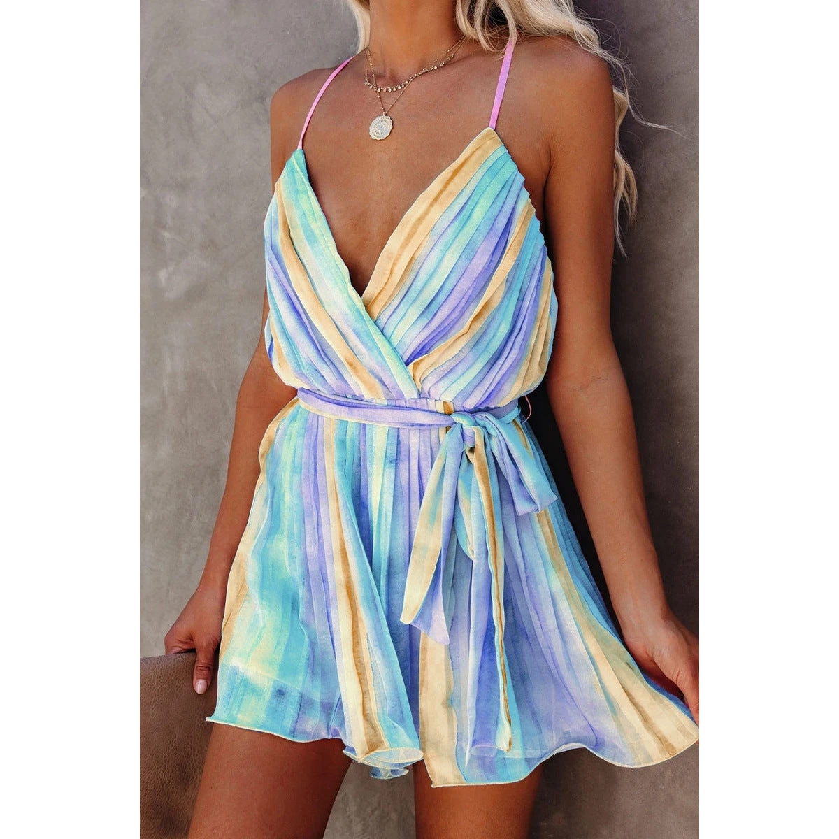 GR | Spring Summer Strappy Pleated Chiffon Dress Home Lace-up Sexy V-Neck Chiffon Dress