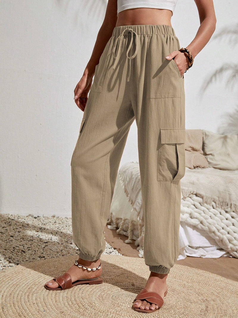 Women's cargo trousers with elasticated waistband and practical side pockets, size S