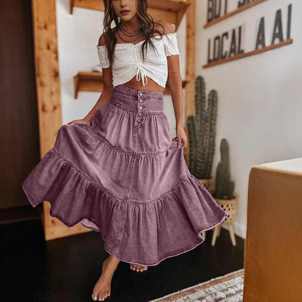 Damen Baumwollrock mit voluminösem Stufen-Design und modischem Knopfdetail GR