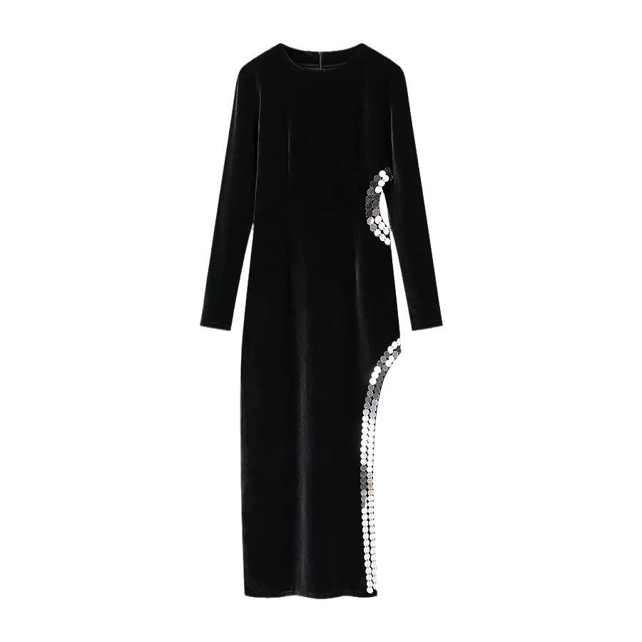 Women's evening dress with an asymmetrical cut and sparkling accents, size GR