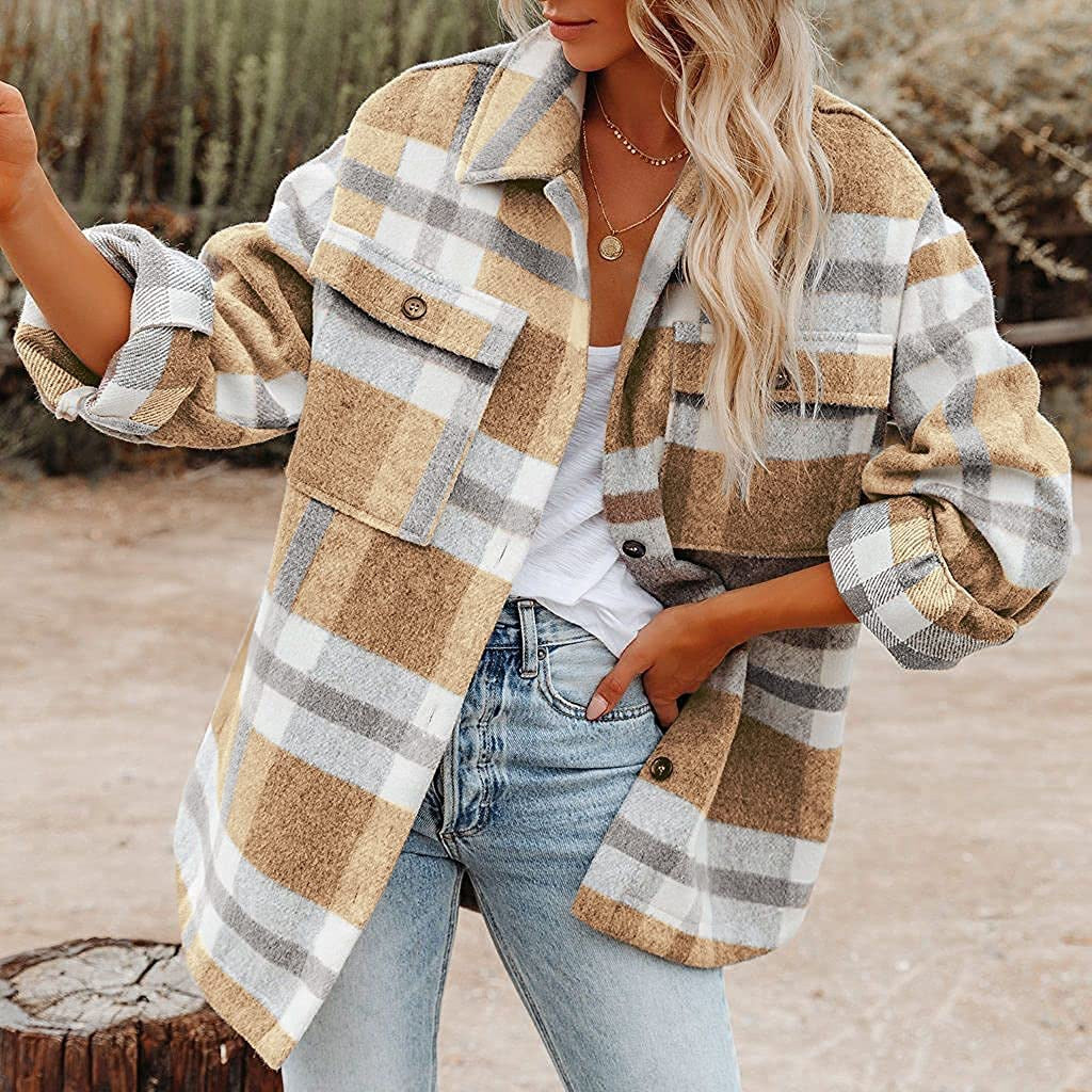 Women's checked flannel jacket with a relaxed fit and patch pockets, size S