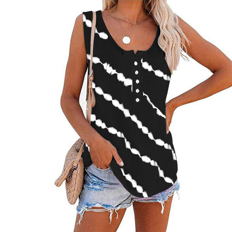 Women's sleeveless top with button placket and modern batik pattern, size
