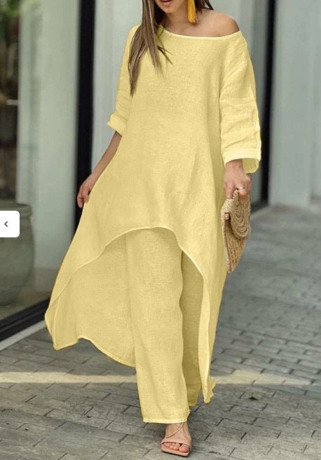 GR | Irregular cotton-linen wide leg two-piece set 