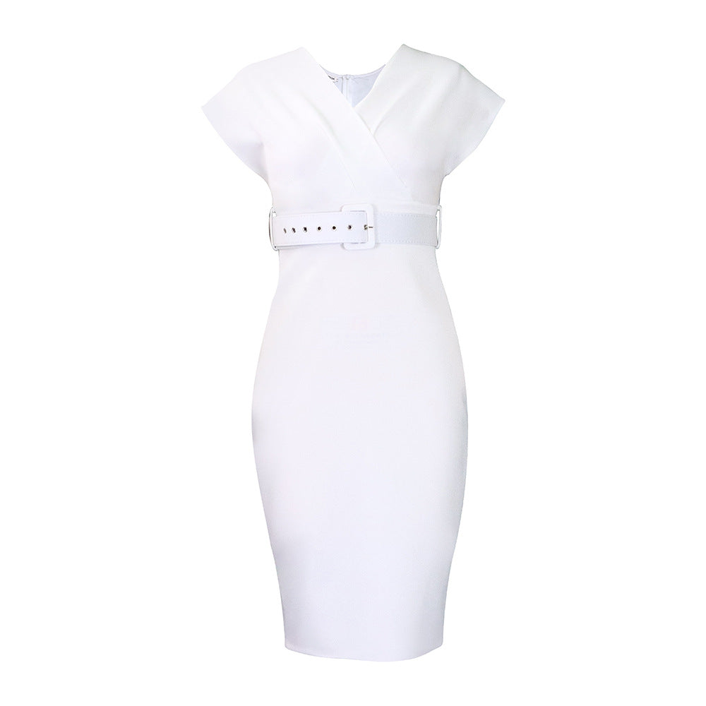 GR | Damen V-Ausschnitt Figurbetontes Midi Kleid mit Gürtel