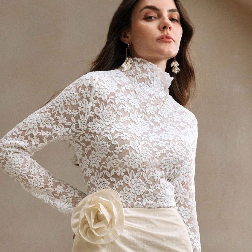 GR | Lace Long Sleeve Stretchy Turtleneck T-Shirt 