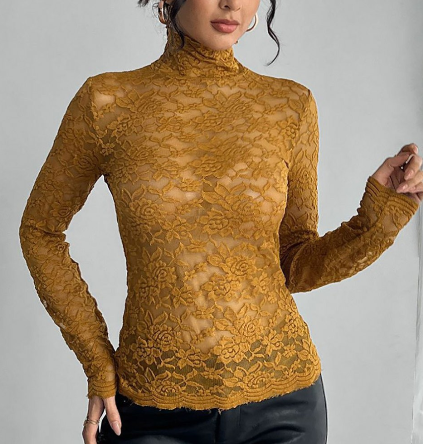 GR | Lace Long Sleeve Stretchy Turtleneck T-Shirt 