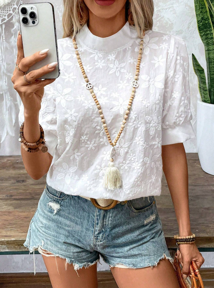 GR | Top with embroidered, solid-color stand-up collar