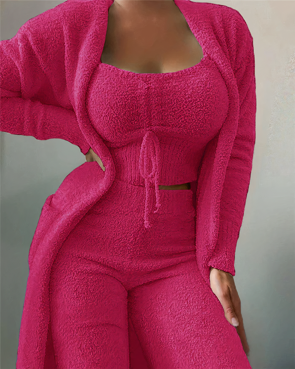 GR | 3-piece fleece lounge set - women's outfit with top and trousers for home