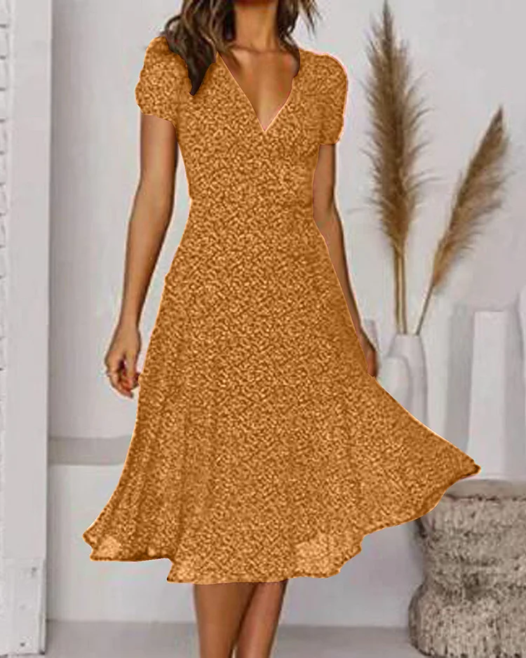 GR | Short-sleeved, patterned chiffon dress with V-neck