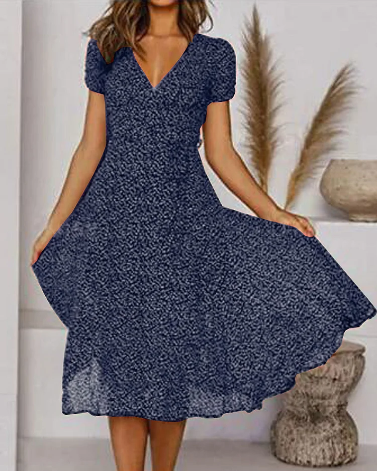 GR | Short-sleeved, patterned chiffon dress with V-neck