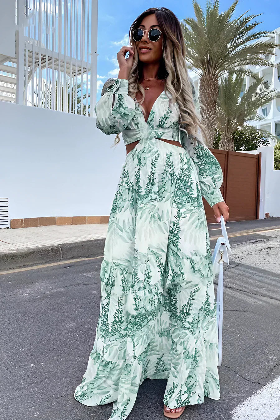 GR | Elegantes Langarm-V-Ausschnitt-Kleid Mit Muster