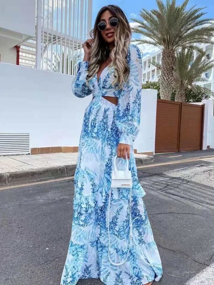 GR | Elegant long-sleeved V-neck dress with pattern