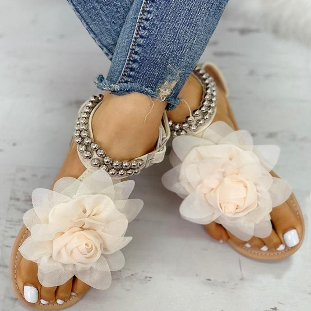GR | Comfortable floral beaded strap flat sandal