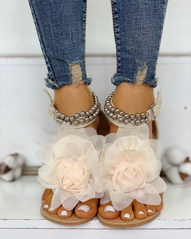 GR | Comfortable floral beaded strap flat sandal