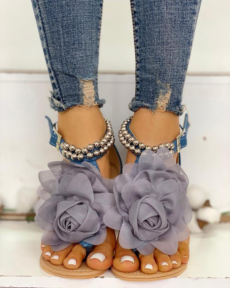 GR | Comfortable floral beaded strap flat sandal