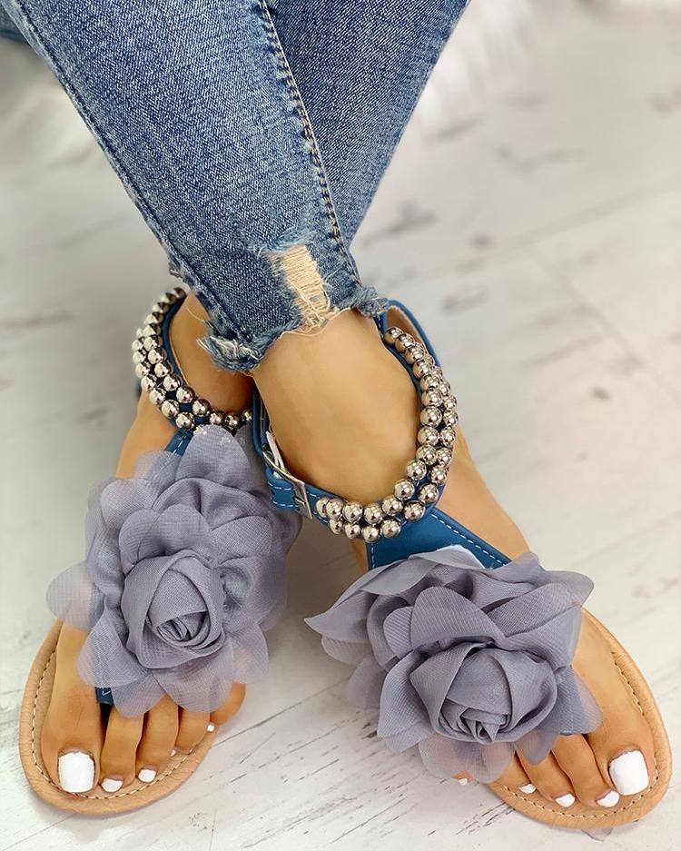 GR | Comfortable floral beaded strap flat sandal