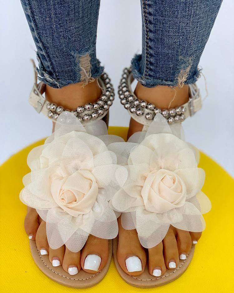 GR | Comfortable floral beaded strap flat sandal