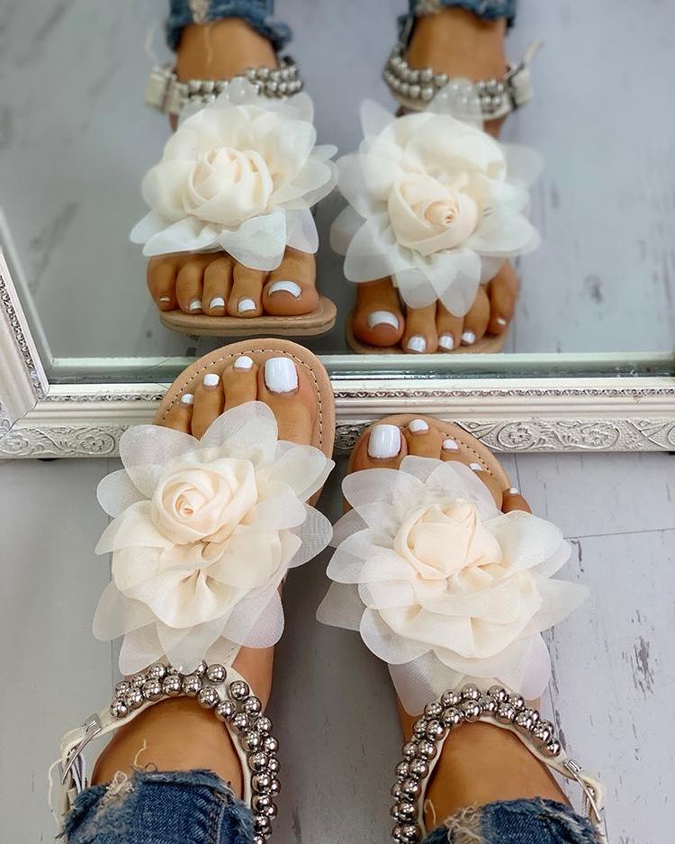 GR | Comfortable floral beaded strap flat sandal