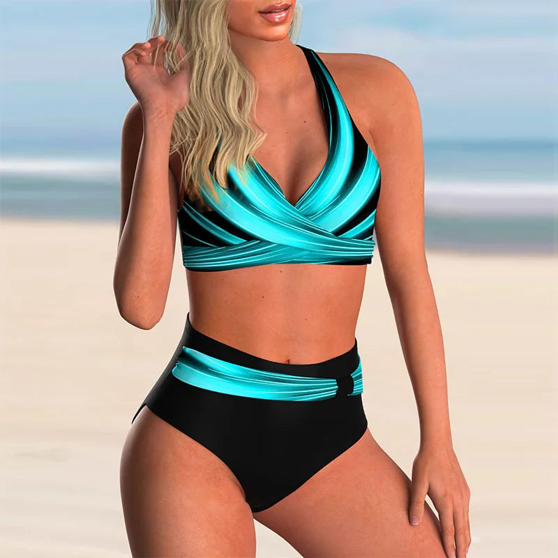 GR - High-waisted push-up halter bikini set for women