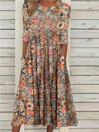 GR | Midi Sommerkleid mit Kurzen Ärmeln und Blumenmuster