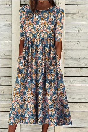 GR | Midi Sommerkleid mit Kurzen Ärmeln und Blumenmuster