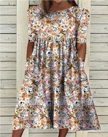 GR | Midi Sommerkleid mit Kurzen Ärmeln und Blumenmuster
