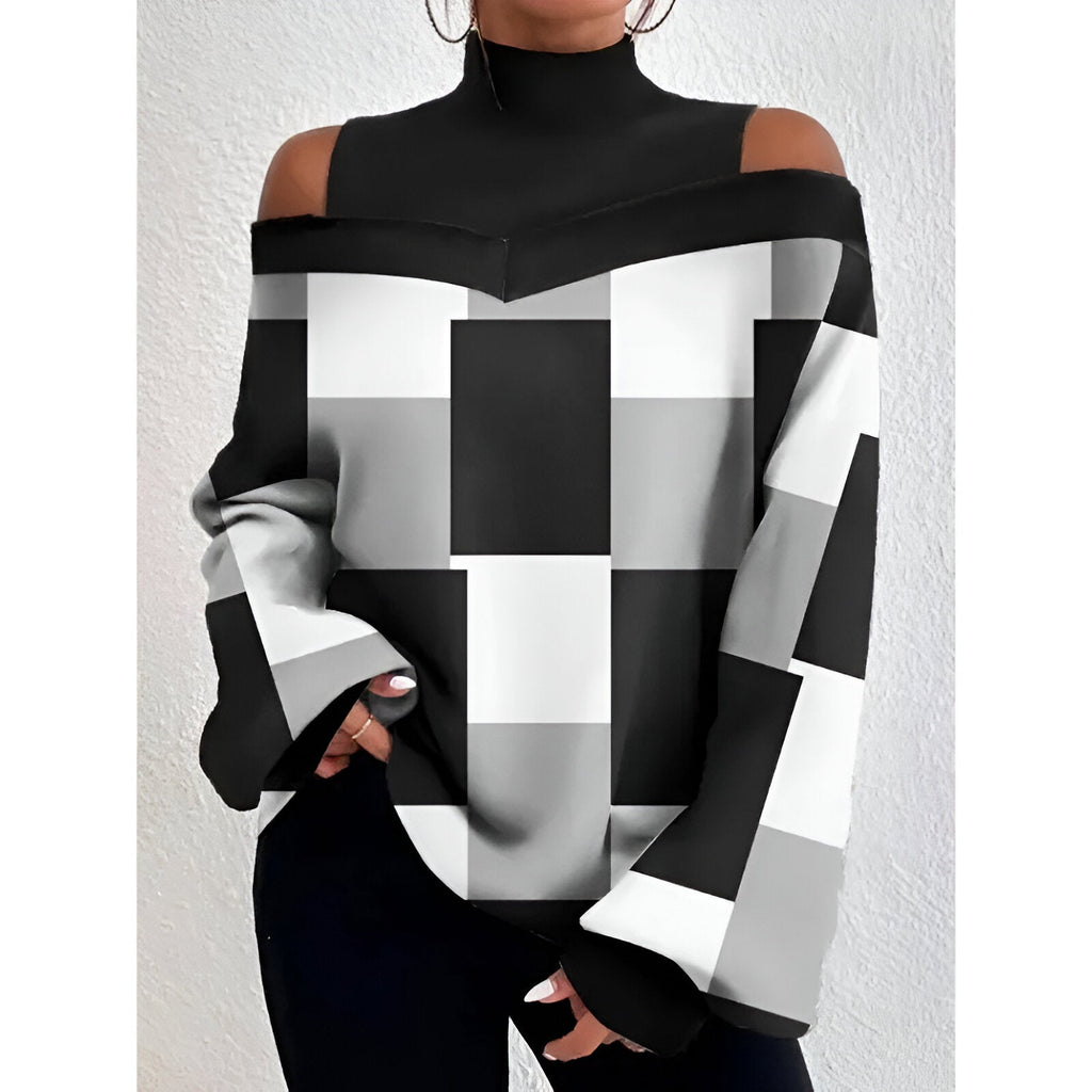 GR | Sexy plaid T-shirt with off-the-shoulder sleeves
