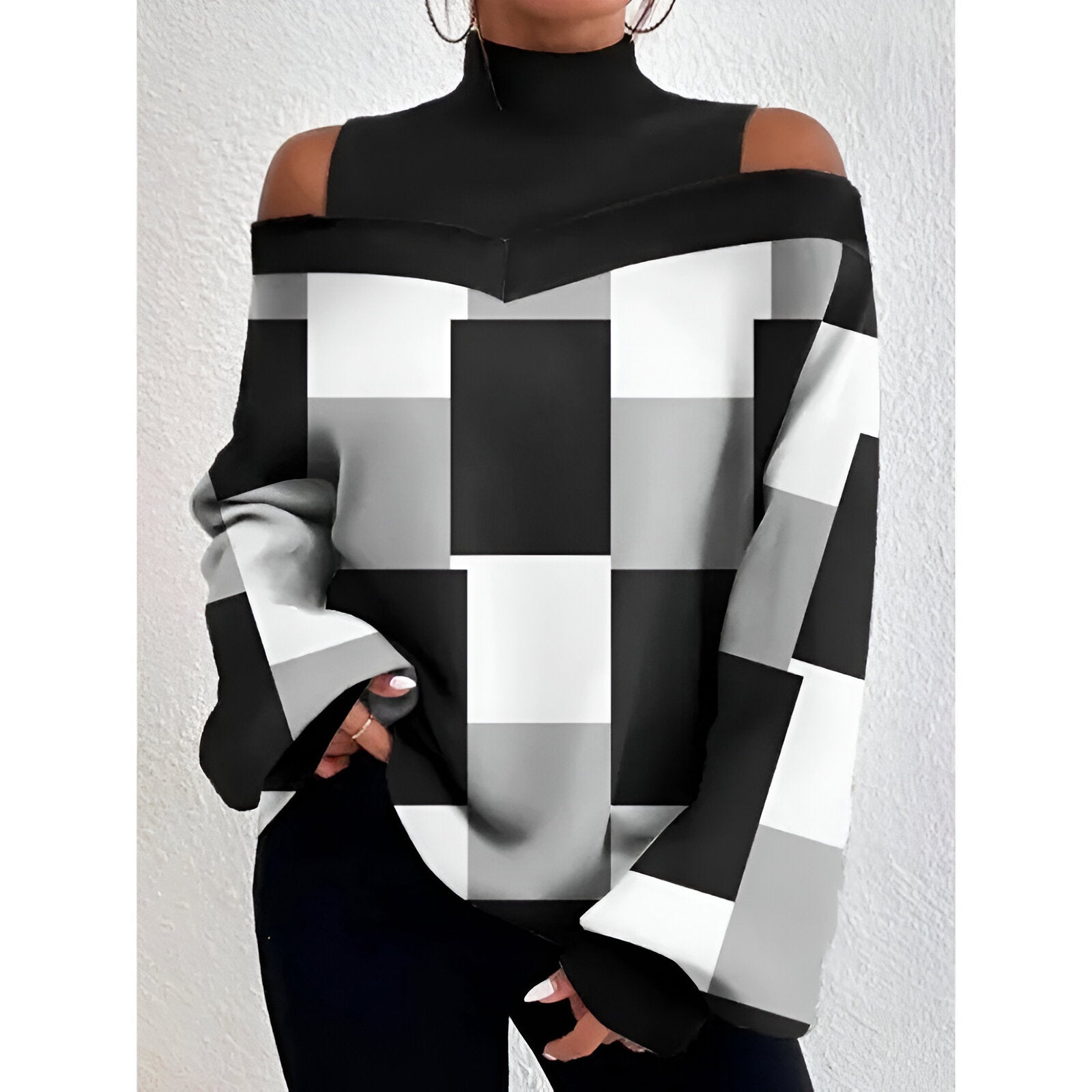 GR | Sexy plaid T-shirt with off-the-shoulder sleeves