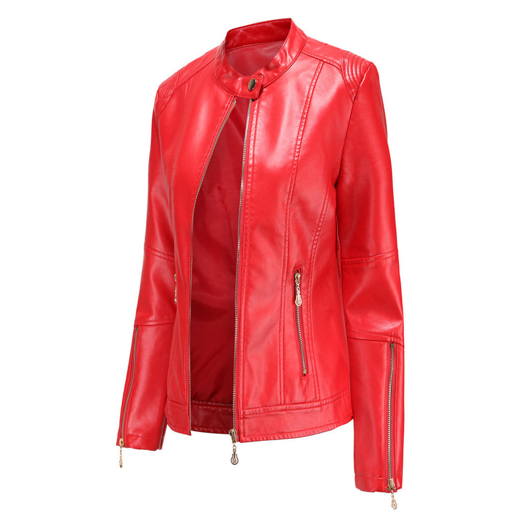 GR | Elegant leather jacket with round neck and button closure for women