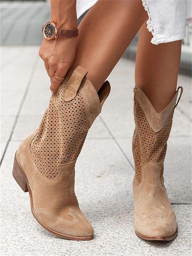 GR | White Perforated Cowboy Boots with Flat Heel for Women
