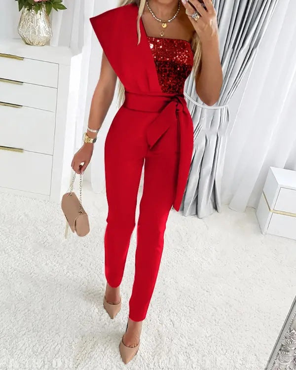 GR | One Shoulder Jumpsuit with Sequins and Waistband