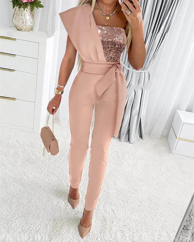 GR | One Shoulder Jumpsuit with Sequins and Waistband