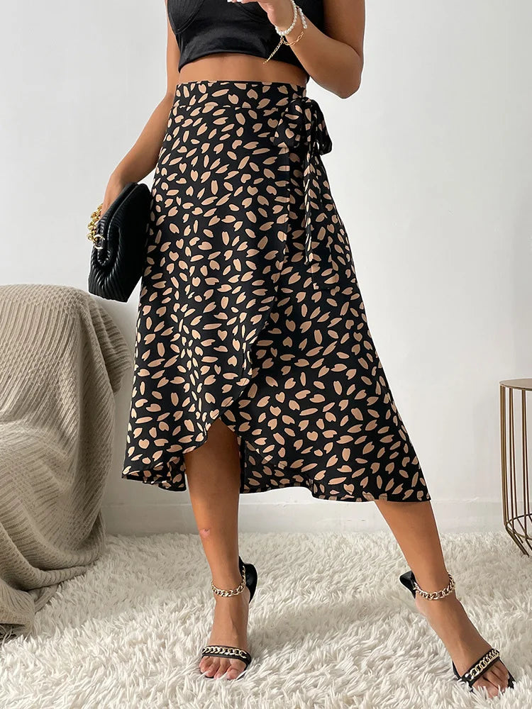 GR Asymmetrischer Rock | Moderner bedruckter A-Linien-Rock mit Bindeseite und hoher Taille für Damen